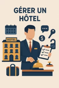 Illustration de la gestion d’un hôtel avec directeur, bâtiment hôtelier et icônes de services