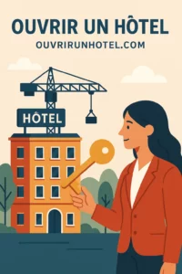 Illustration d’une femme tenant une clé devant un hôtel en construction – Ouvrir un hôtel.