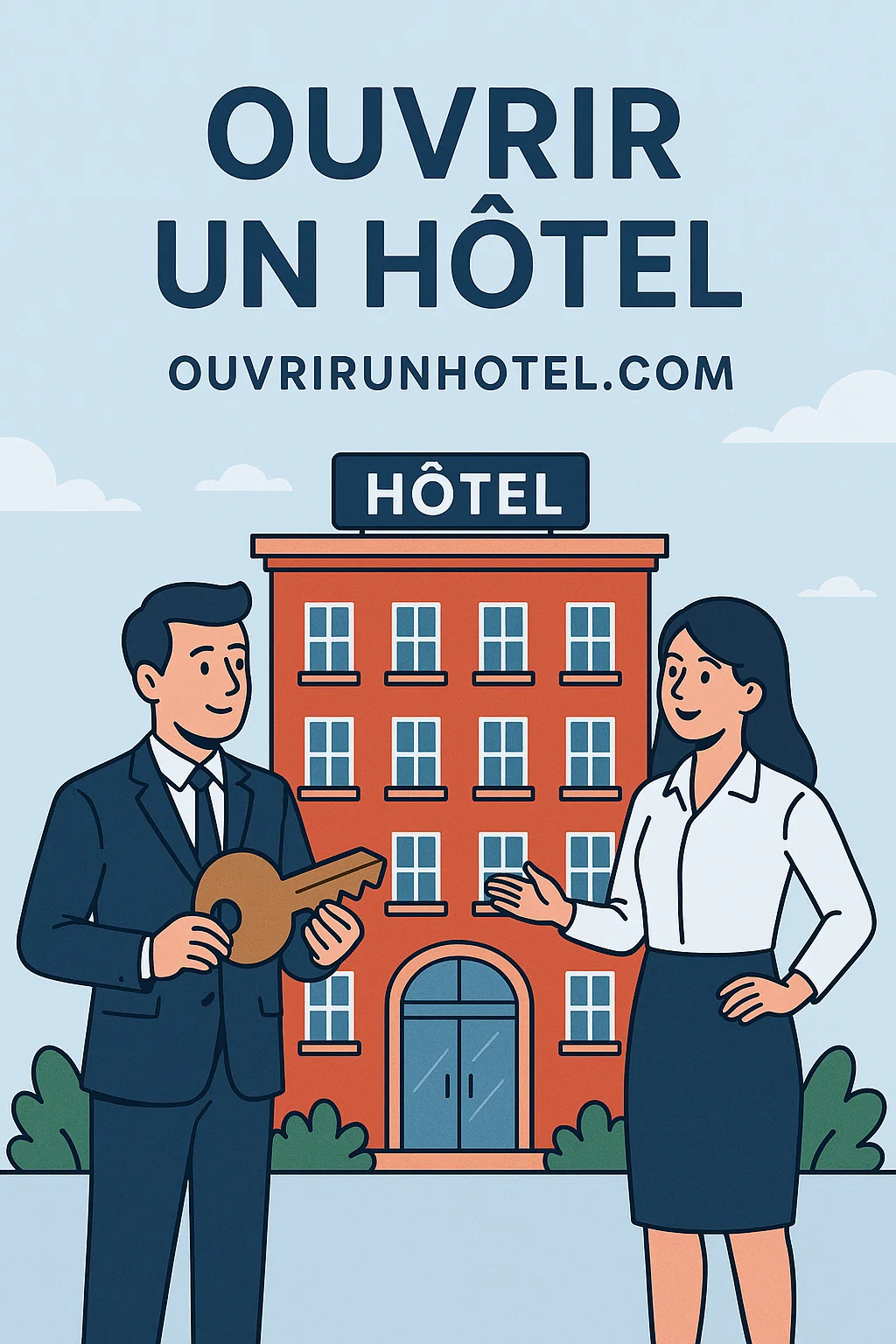 Illustration d’une femme tenant une grande clé devant un hôtel en construction, symbole de l’ouverture d’un établissement hôtelier