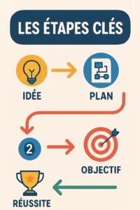 Illustration des étapes clés : idée, plan, objectif et réussite