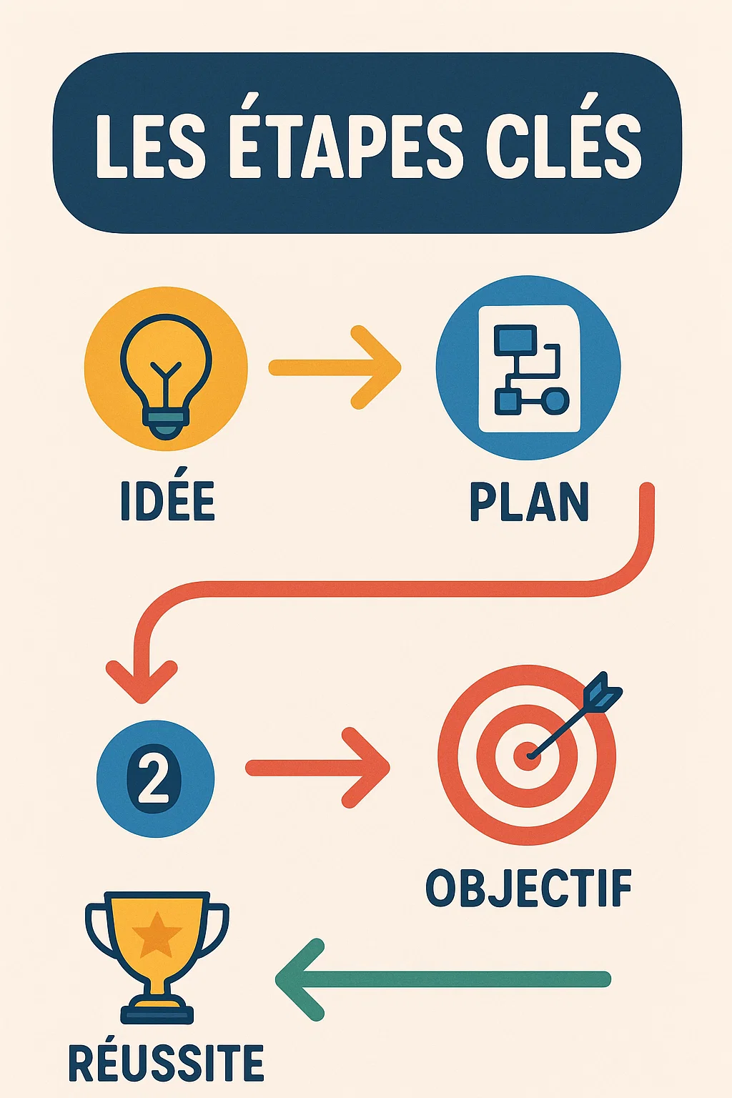 Illustration des étapes clés : idée, plan, objectif et réussite