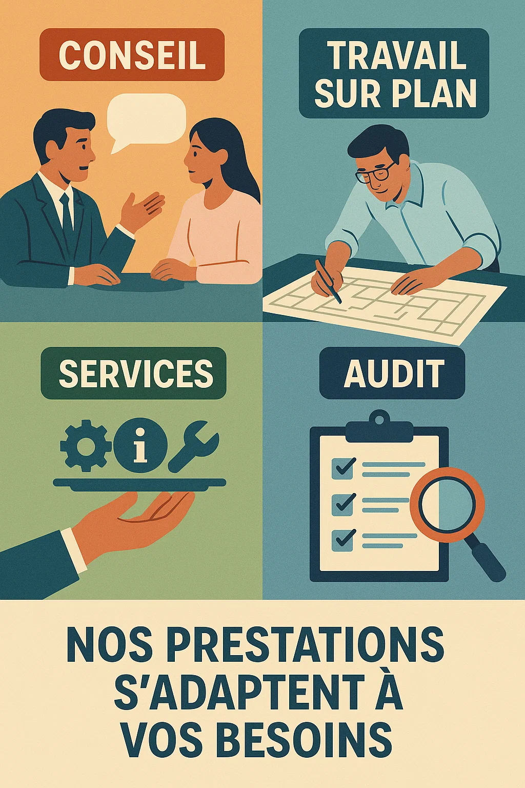 Illustration des prestations proposées : conseil, travail sur plan, services et audit.