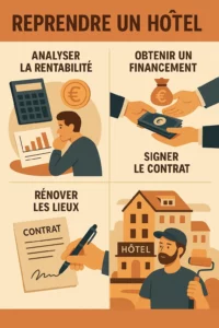 Illustration des étapes pour reprendre un hôtel : analyser la rentabilité, obtenir un financement, signer le contrat et rénover les lieux.