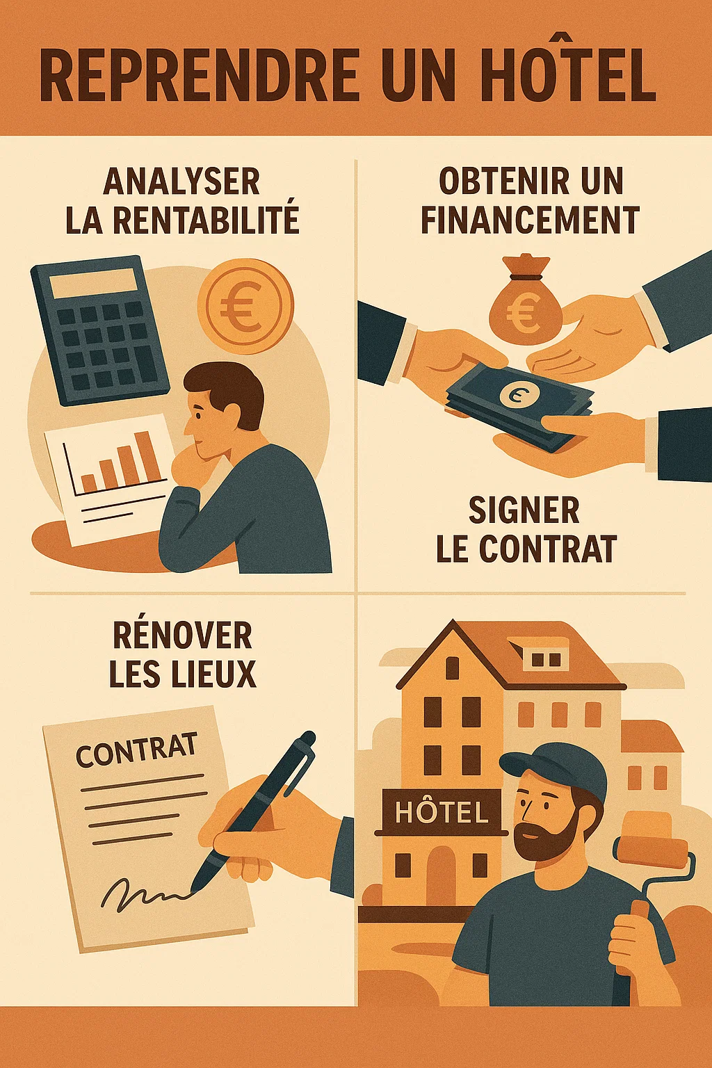 Illustration des étapes pour reprendre un hôtel : analyser la rentabilité, obtenir un financement, signer le contrat et rénover les lieux.