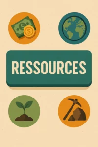 Illustration de ressources avec symboles d’argent, planète, croissance et travaux