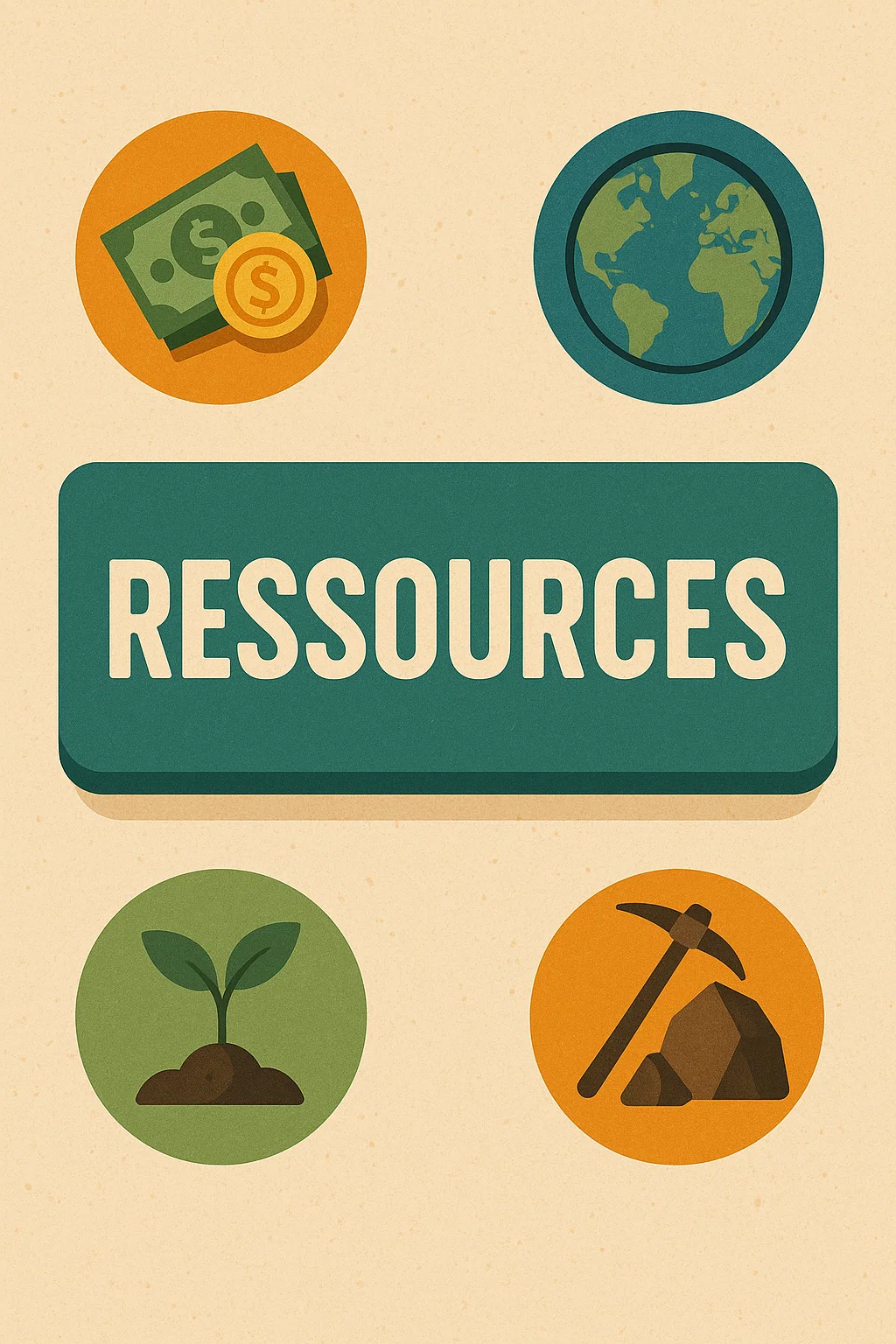 Illustration de ressources avec symboles d’argent, planète, croissance et travaux