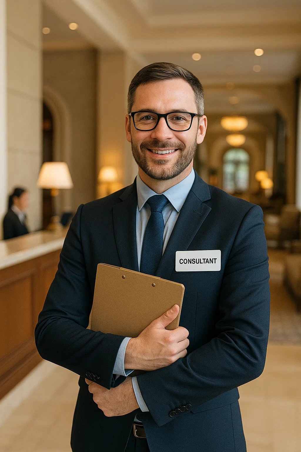 Consultant hôtelier souriant dans le lobby, badge « Consultant » et clipboard à la main