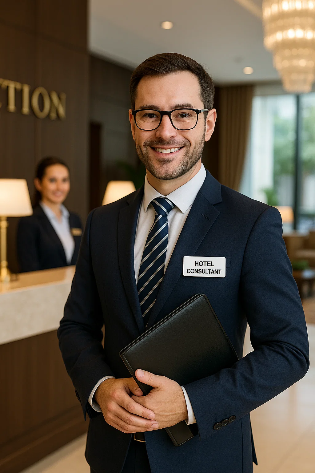 Consultant en hôtellerie dans le lobby d’un hôtel, badge « Hotel Consultant », tenant un dossier — expert externe et objectif.