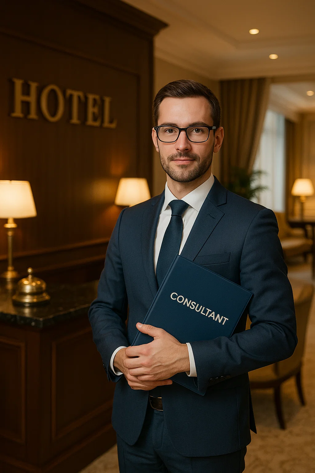 Coach/consultant hôtelier dans le lobby d’un hôtel, badge « Hotel Consultant », tenant un dossier — accompagnement et stratégie.