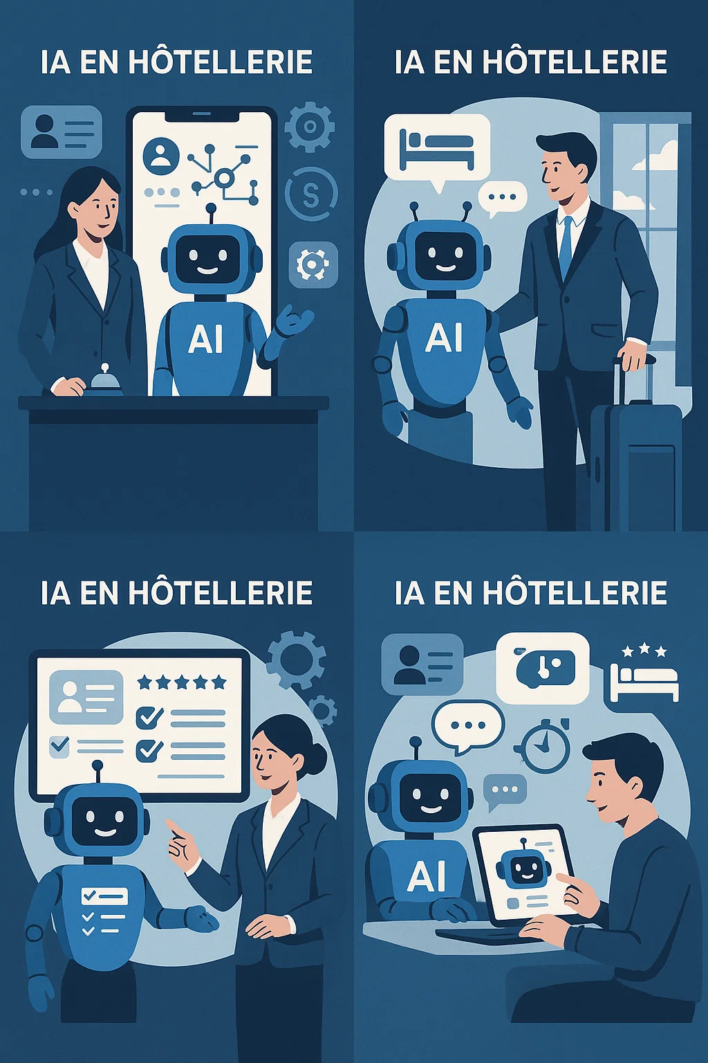 Illustration de l’IA en hôtellerie : robot à la réception, interaction avec un voyageur, tableau de données/avis clients et conciergerie digitale sur tablette.