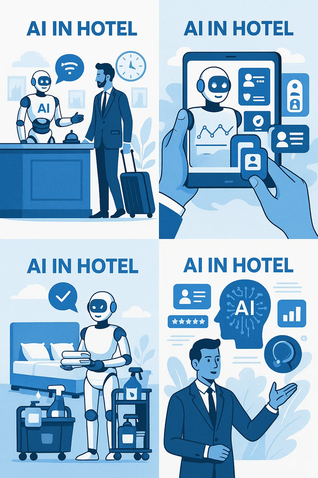 Illustration de l’intelligence artificielle dans l’hôtellerie, avec quatre scènes : robot à la réception, conciergerie digitale sur tablette, robot préparant une chambre et manager utilisant l’IA.