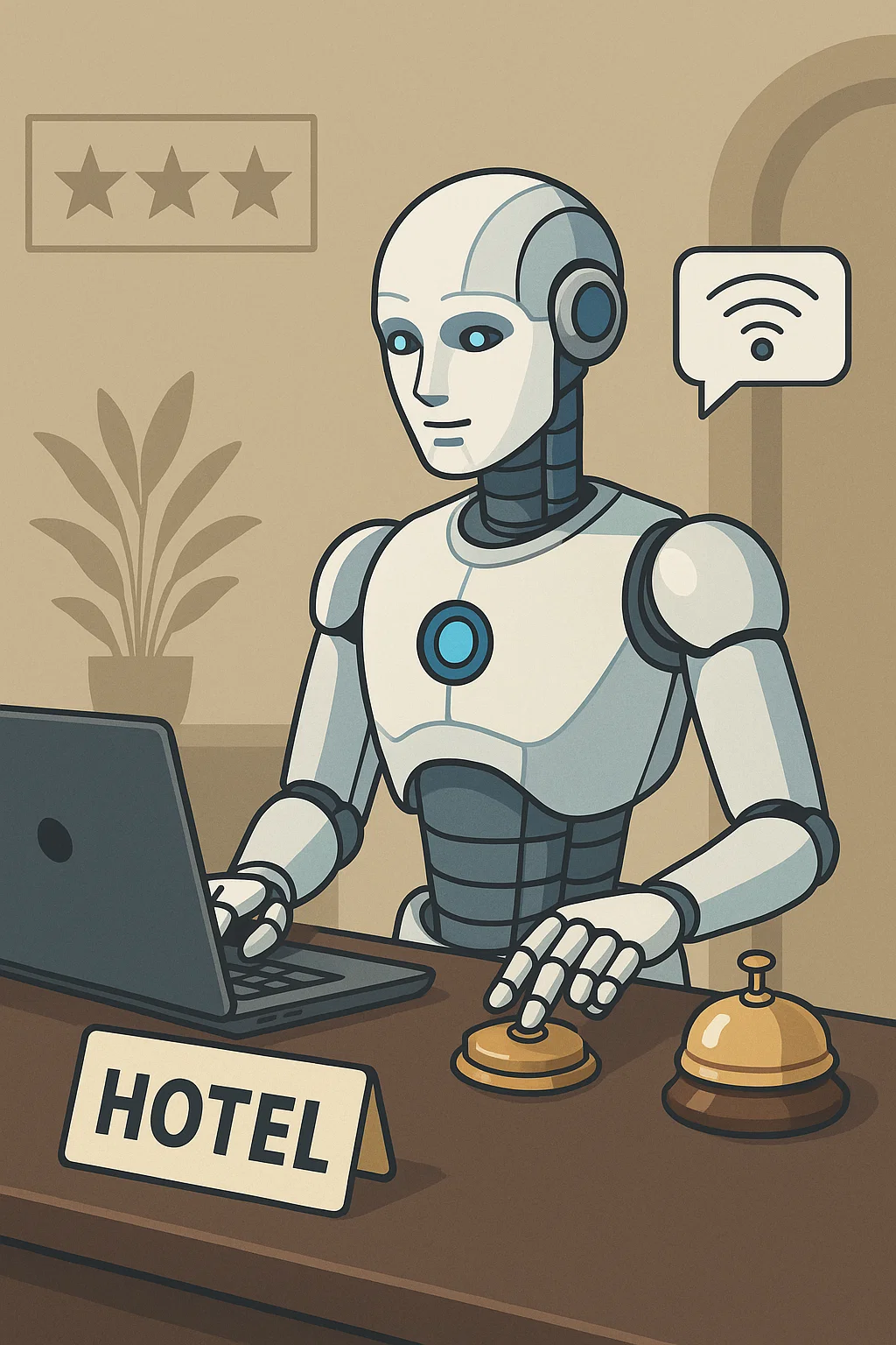 Robot d’accueil à la réception d’un hôtel, utilisant un ordinateur et actionnant une sonnette — illustration de l’IA au service client hôtelier.