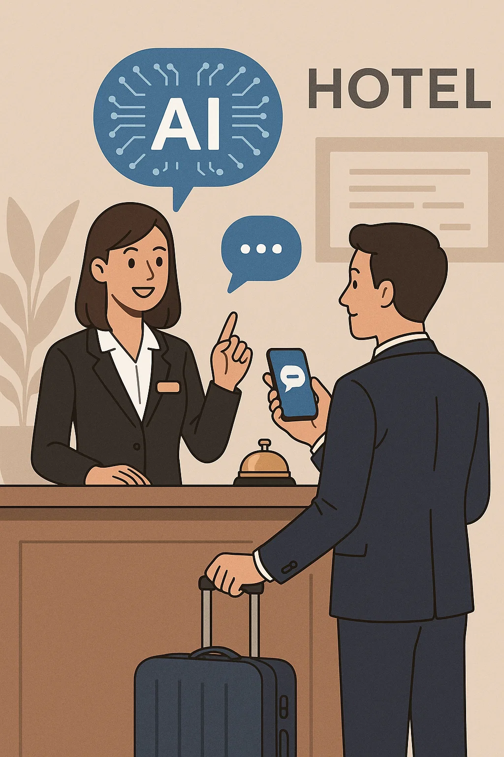 Réceptionniste d’hôtel échange avec un client affaires tenant son smartphone ; bulle “AI” — illustration de l’IA appliquée au revenue management