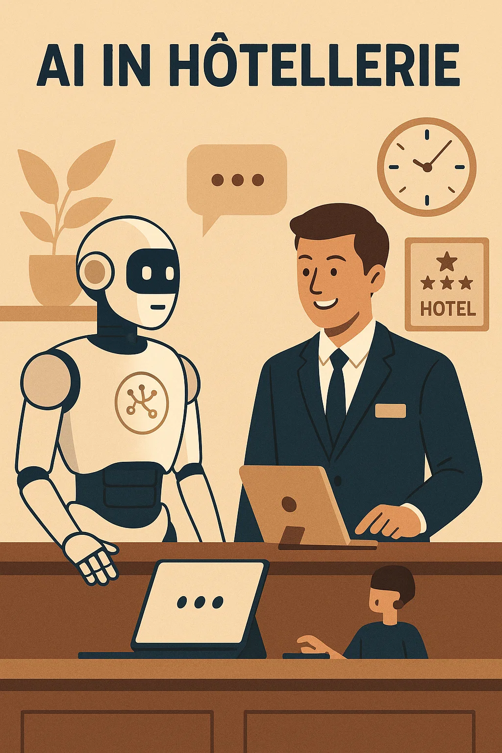 Robot assistant IA et réceptionniste collaborent au comptoir d’un hôtel, avec ordinateurs et bulles de dialogue — illustration IA & tourisme durable.